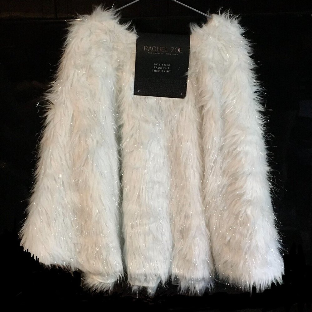 Rachel Zoe White Faux Fur Christmas Tree Skirt 60" Silver Tinsel Designer NEW